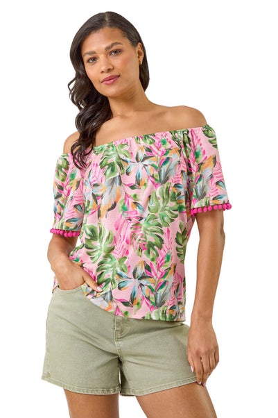 Roman Coral Floral Printed Bardot Top