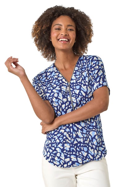 Roman Navy Abstract Print Zip Front Stretch Top