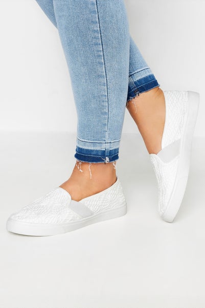 Yours White Broderie Anglaise Slip-On Trainers In Wide E Fit