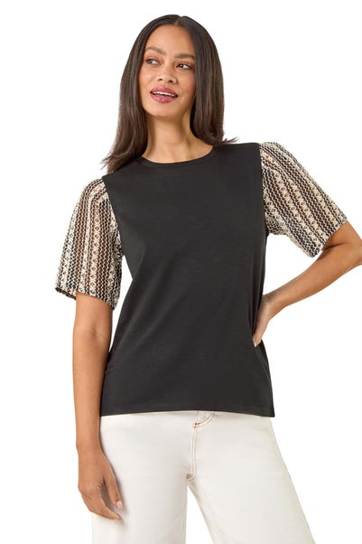 Dusk Black Contrast Crochet Sleeve Top