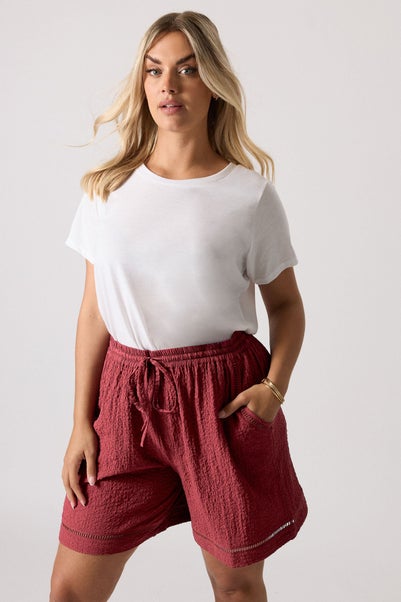 Yours Curve Dark Red Crochet Trim Shorts