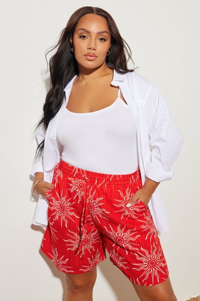 Yours Curve Red Textured Sun Print Shorts