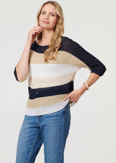 Izabel London Navy Striped 3/4 Sleeve Mesh Texture Jumper