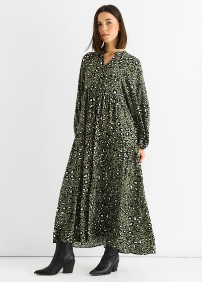 Gini London Khaki Viscose Animal Oversized Smock Maxi Dress