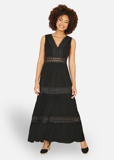Yumi Black Lace Trim Cotton Midi Sun Dress