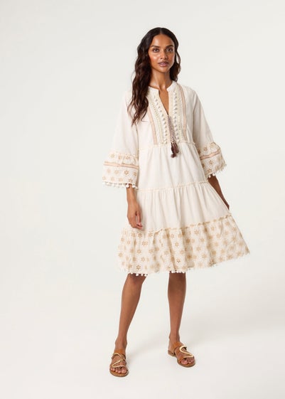 Blue Vanilla Ivory Embellished Tie Front Tunic Dress