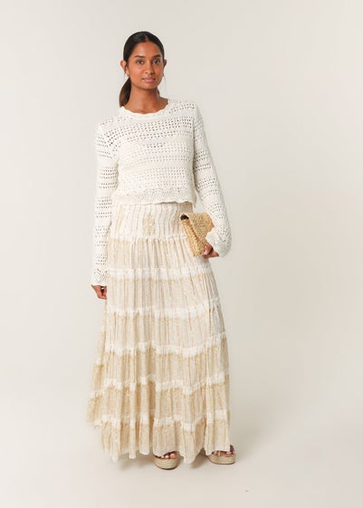 Blue Vanilla Ivory Foil Tiered Maxi Skirt