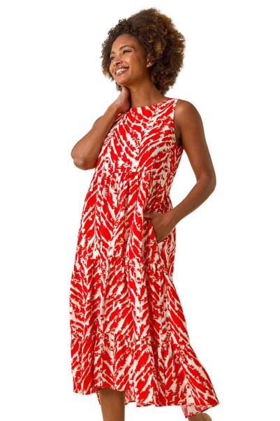 Roman Red Abstract Tiered Smock Dress