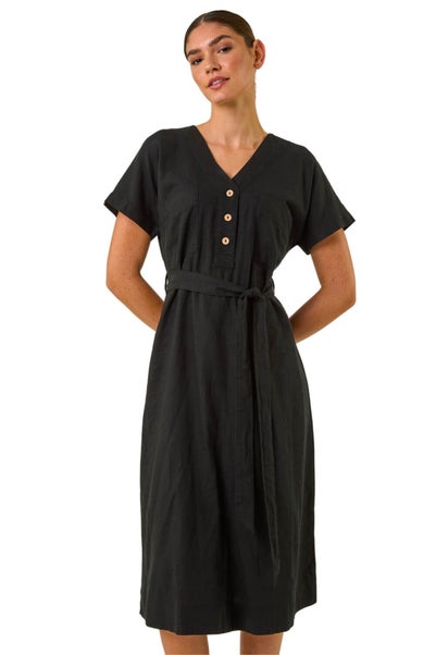 Roman Black Button Linen Mix Midi Dress