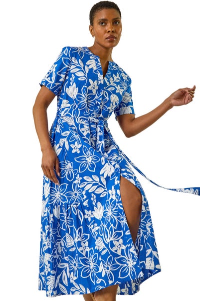 Roman Royal Blue Floral Print Tie Waist Midi Dress