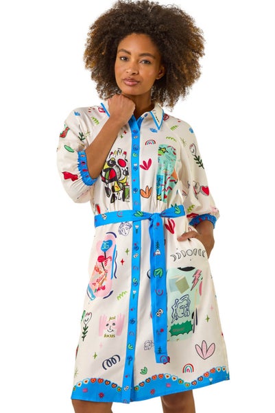 Roman Blue Motif Print Tie Waist Shirt Dress
