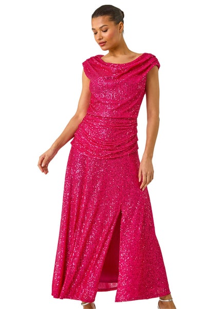 Roman Fuchsia Sequin Cowl Neck Maxi Stretch Dress