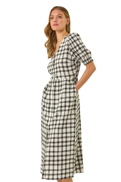 Roman Black Check Button Midi Dress