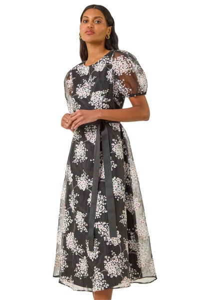 Roman Black Floral Organza Belted Dress