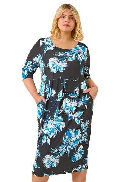 Roman Blue Curve Floral Print Pocket Dress