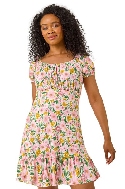 Roman Light Pink Petite Floral Print Frill Stretch Dress