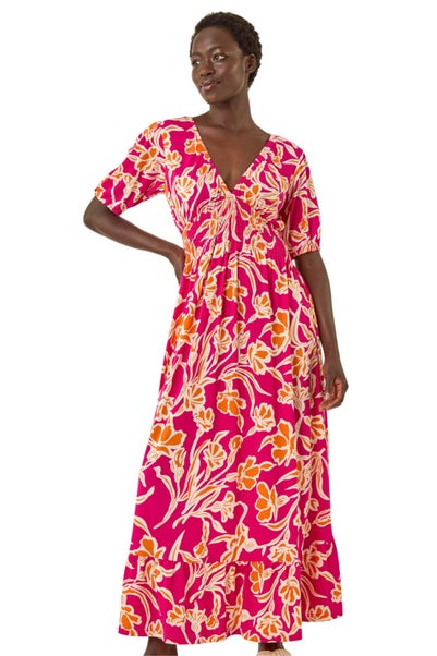 Roman Pink Floral V-Neck Shirred Maxi Dress