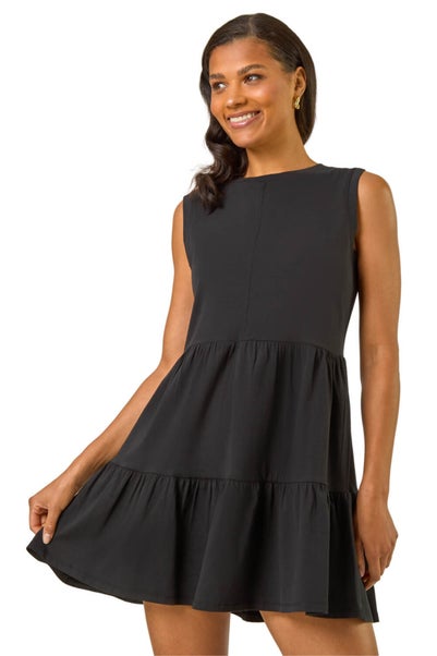 Roman Black Cotton Tiered Stretch Dress