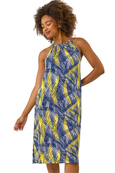 Roman Yellow Gathered Palm Print Swing Stretch Dress