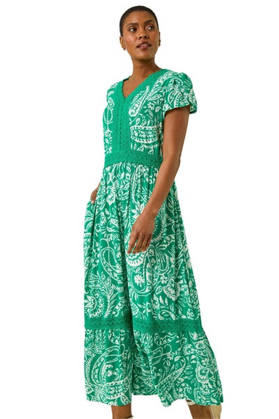 Roman Green Paisley Lace Trim Maxi Dress