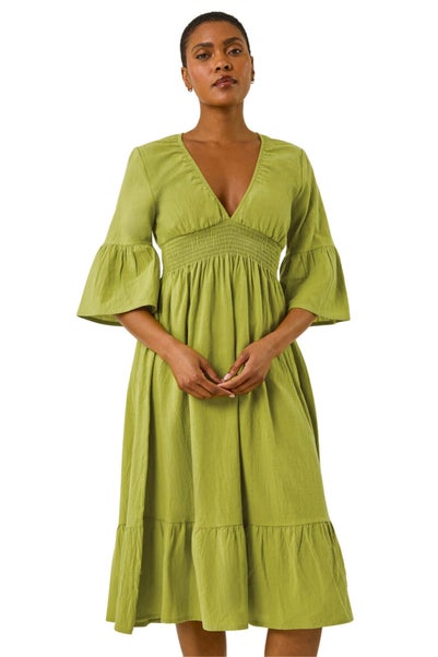 Roman Lime Linen Look Shirred Midi Dress