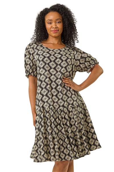 Roman Black Petite Geo Print Tiered Smock Dress