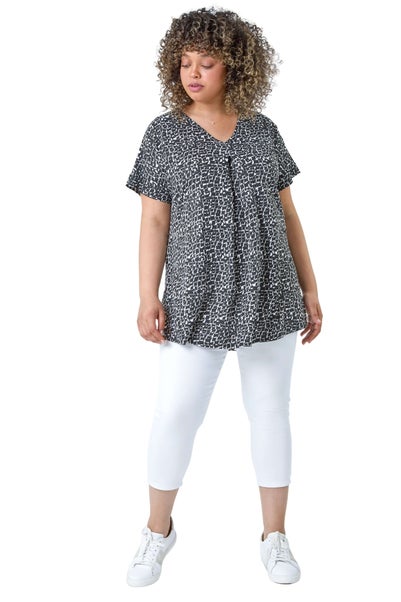 Roman Black Curve Pleat Front Printed V-Neck Stretch Top
