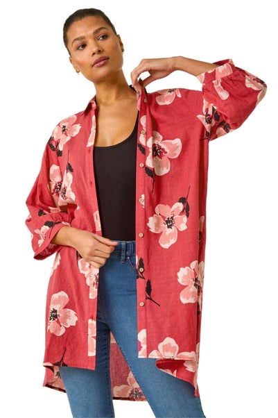 Roman Red Longline Floral Print Blouse