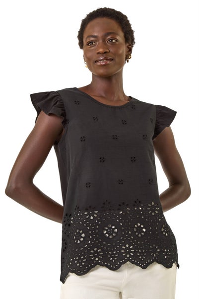 Roman Black Broderie Hem Stretch Top