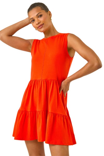 Roman Orange Cotton Tiered Stretch Dress