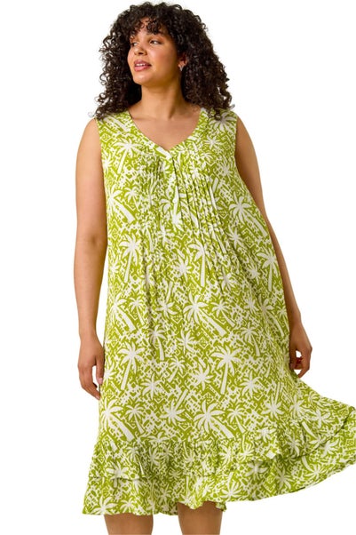 Roman Green Curve Palm Print Peated V-Neck Dress