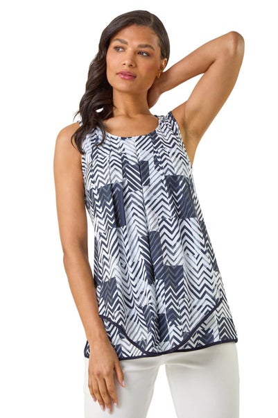 Roman Black Mono Print Hanky Hem Top