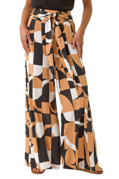 Roman Camel Geometric Print Tie Waist Stretch Trouser
