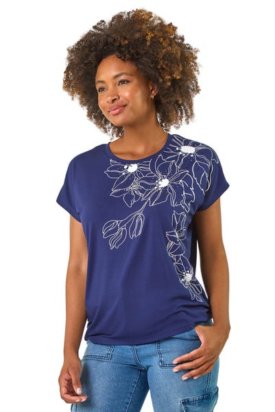 Roman Navy Hotfix Floral Stretch T-Shirt