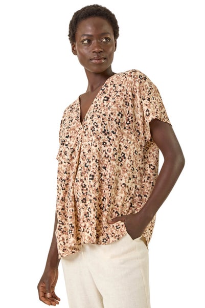 Roman Natural Animal Print V-Neck Pleat Front Top