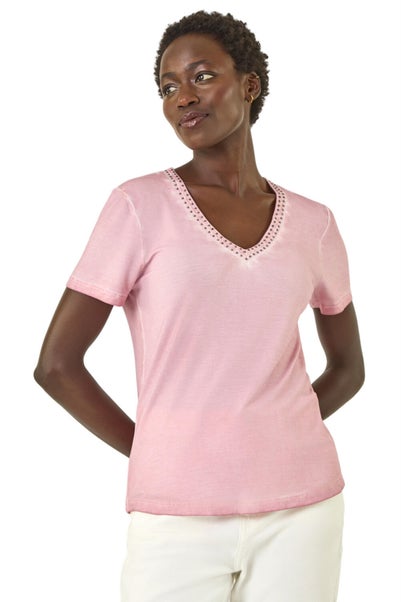 Roman Light Pink Bead Trim Detail V-Neck Top
