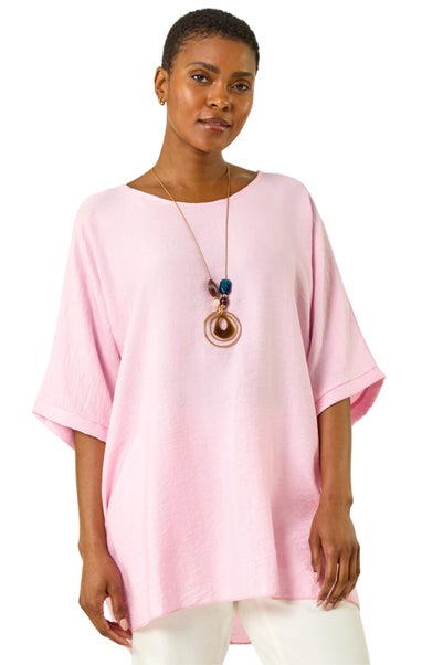 Roman Pink Plain Tunic Top with Necklace