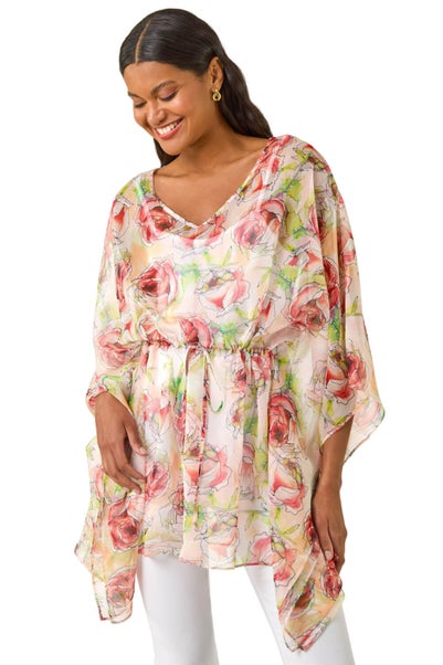 Roman Red Floral Print Kimono Top