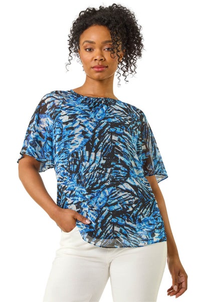 Roman Navy Petite Abstract Angel Sleeve Top