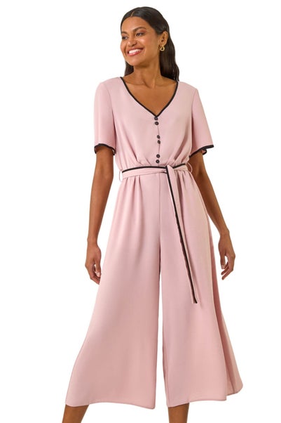 Roman Light Pink Tie Waist Wide Leg Jumpsuit
