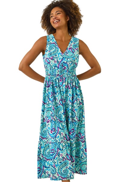 Roman Turquoise Paisley Print Shirred Maxi Dress