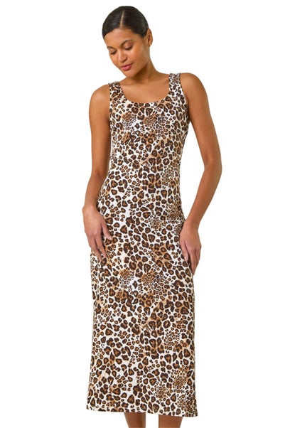 Roman Tan Animal Print Strappy Midi Dress