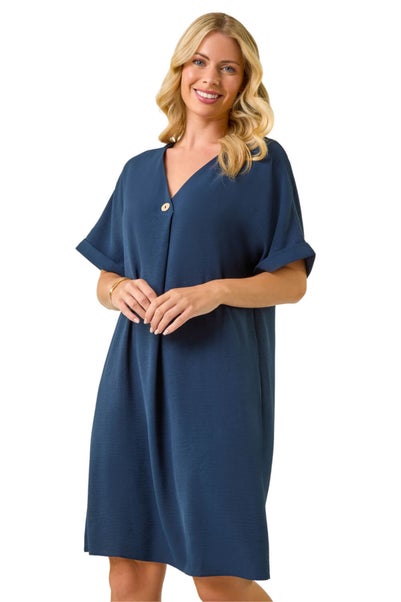 Roman Navy Petite One Button V-Neck Dress