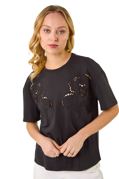 Dusk Black Floral Cut Out T-Shirt