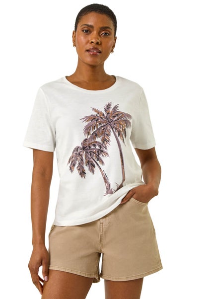 Roman Ivory Palm Print Cotton T-Shirt