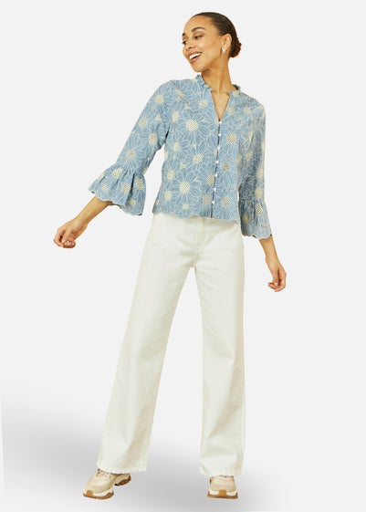 Yumi Blue Daisy Broderie Shirt With Fluted Sleeves