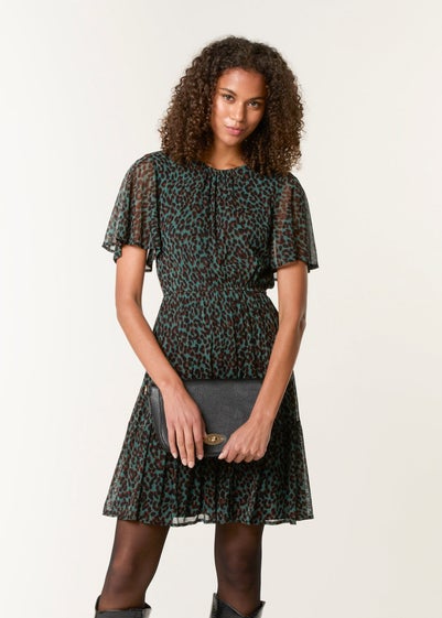 Blue Vanilla Green Leopard Print Mesh Crew Neck Mini Dress