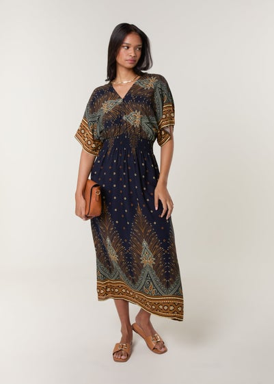 Blue Vanilla Navy Peacock Print Dress
