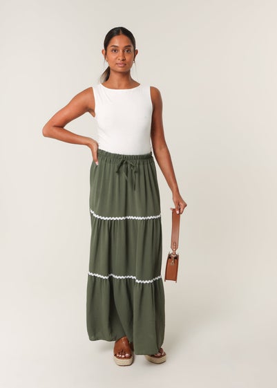 Blue Vanilla Khaki Tape Zig Zag Tiered Maxi Skirt