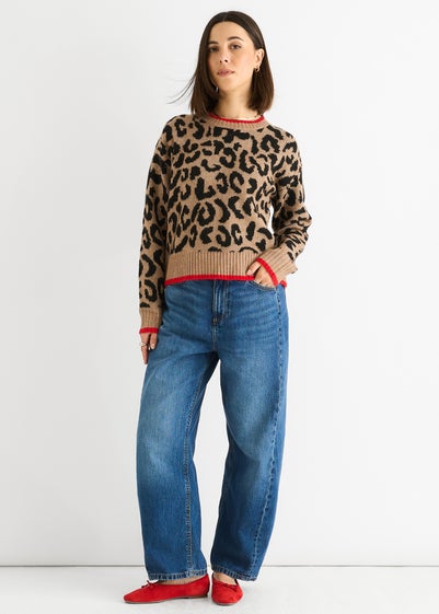 Gini London Camel Contrast Piping Animal Knit Jumper